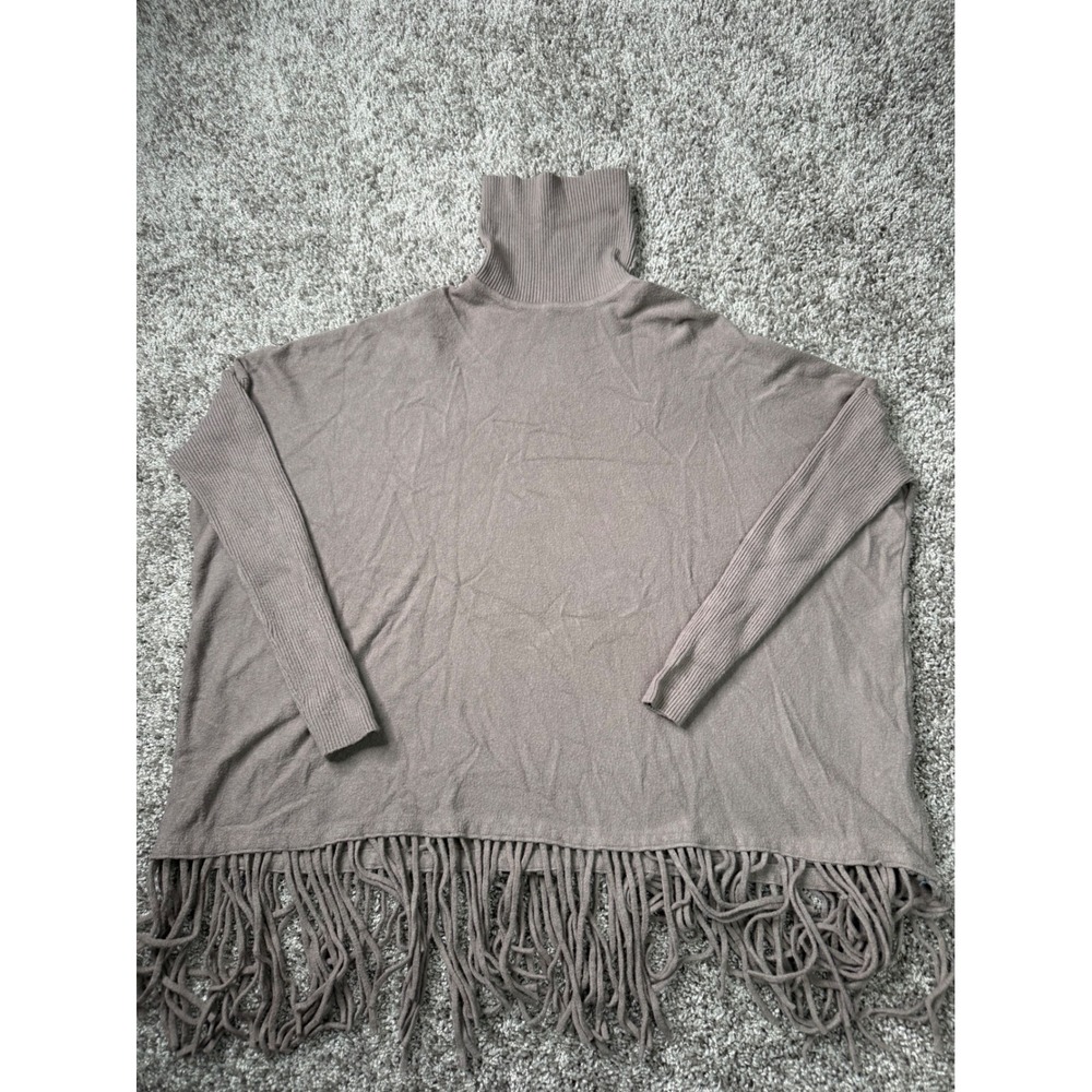 Cyrus Oversized Fringe Poncho Sweater XS Taupe Turtleneck Boho Lagenlook